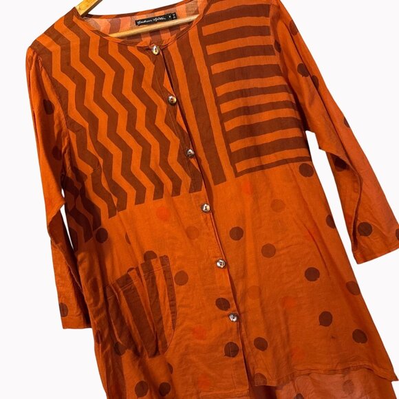 Gudrun Sjoden Orange Button Down Tunic Top M Geometric Lagenlook Fall Artsy - Picture 7 of 7